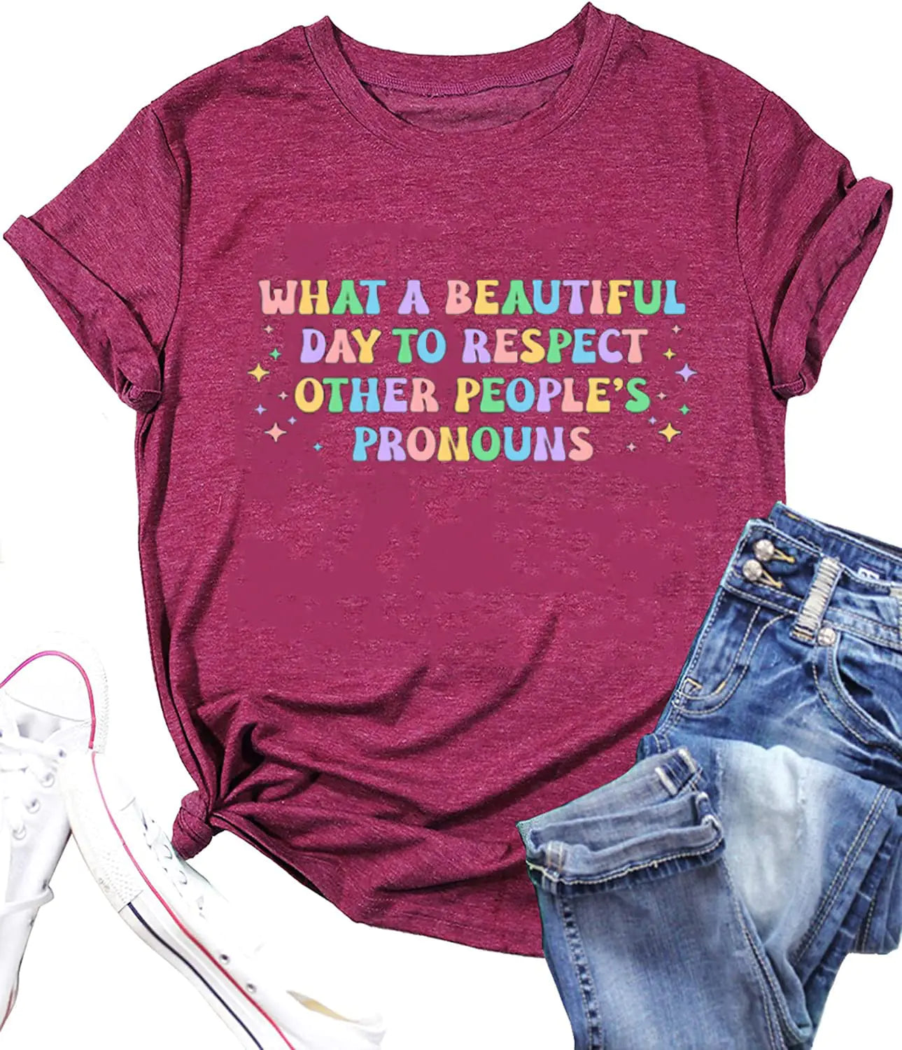 What A Beautiful Day to Respect Other Peoples Pronouns T Shirt Women Pride Shirt LGBTQ Equality Rights Tee Tops XL Purple Red
