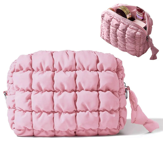 Rtickuio Cotton Quilted Makeup BagLarge Makeup BagCute Cloud Toiletry BagPortable Travel Makeup Bag Toiletry Organizer Pouch Storage Make Up Bag (Pink)