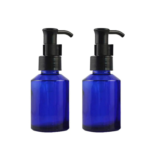 2PCS 60ML/2oz Blue Glass Pump Bottles with Black Pump Top Cosmetic Make-up Cream Lotion Sample Packing Storage Container Vial Jar for Emulsion Essence