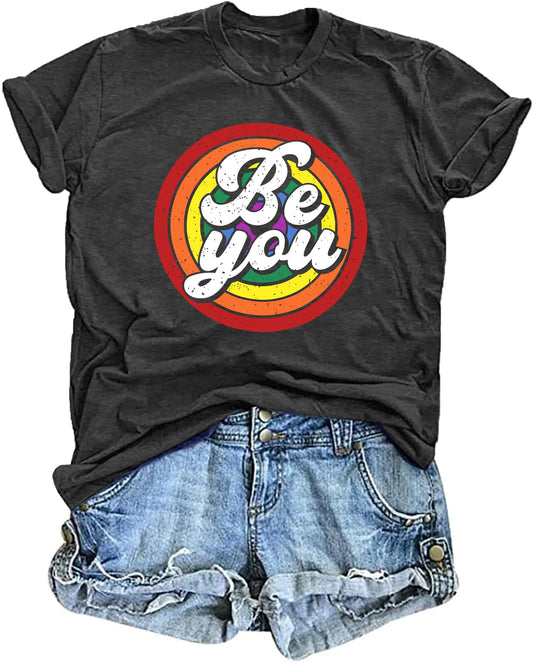 Pride Shirts for Women Rainbow Tshirt Rainbow Heart Graphic Tees Be You Letter Print Casual LGBT Tops