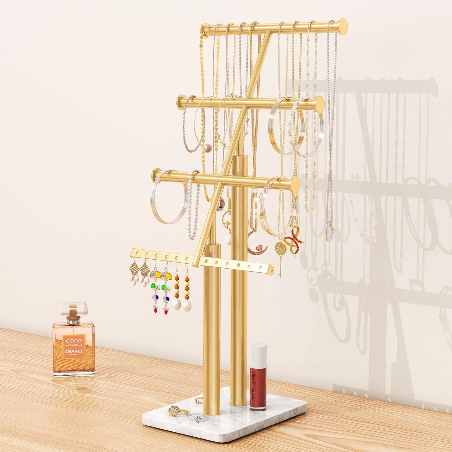 KLJKPA Jewelry Tree Stand Gold Jewelry Organizer with Marble Base 17" Tall Necklace Display Stand with 4-Tier Jewelry Rack Metal Jewelry Holder Necklaces Earrings Bracelets Rings - Gold