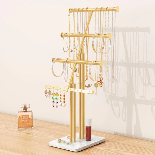 KLJKPA Jewelry Tree Stand Gold Jewelry Organizer with Marble Base 17" Tall Necklace Display Stand with 4-Tier Jewelry Rack Metal Jewelry Holder Necklaces Earrings Bracelets Rings - Gold