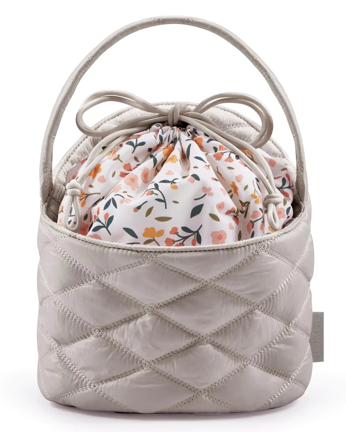 BAGSMART Barrel Drawstring Makeup Bag Travel Toiletry Bag Large Cosmetic Bag Portable Make Up Bags for Women Toiletries Accessories Brush Khaki