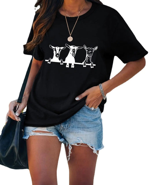 YourTops Three Goats Make Happiness Women T-Shirt (BlackLargeLargeAdultFemaleUSAlphaRegularRegular)