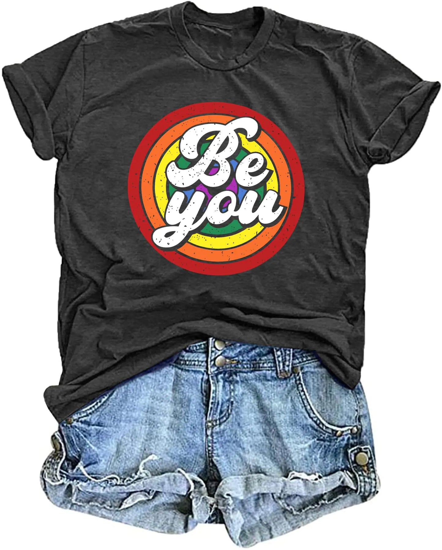 Pride Shirts for Women Rainbow Tshirt Rainbow Heart Graphic Tees Be You Letter Print Casual LGBT Tops