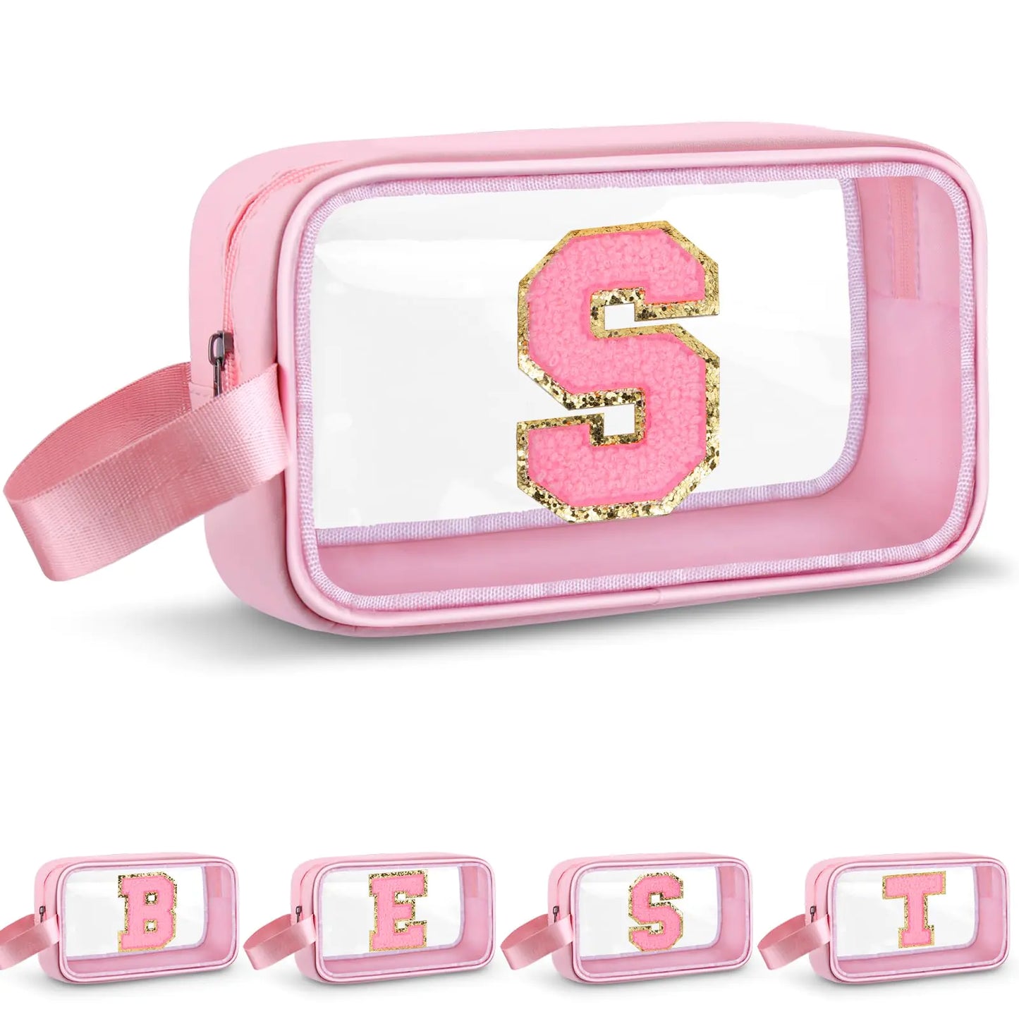 Vodolo Initial Makeup BagLetter S Cute Clear Monogrammed Cosmetic Travel Bag for Womens GirlsPersonalized Pink Aesthetic Traveling Make Up Organizer Bag for BeachWaterproof Toiletry Bag